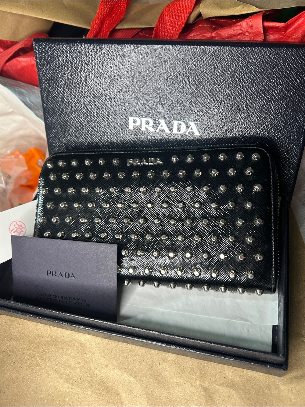 Prada Black Saffiano Leather Zip Wallet with Silver Studs